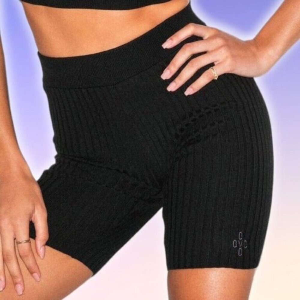 OVO Womens Ribbed Knit Biker Shorts Sz Large Black